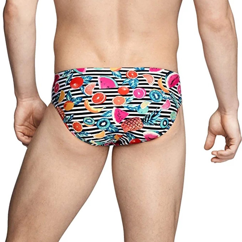 Speedo Size 26 -Men's Swimsuit Brief - (Black/White Stripe w/ Fruit) - Picture 2 of 3
